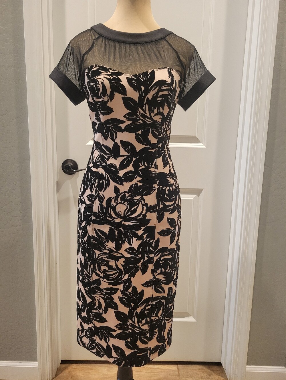 Enfocus Studio Blush Midi Dress with Black Floral Print and Sheer Yoke